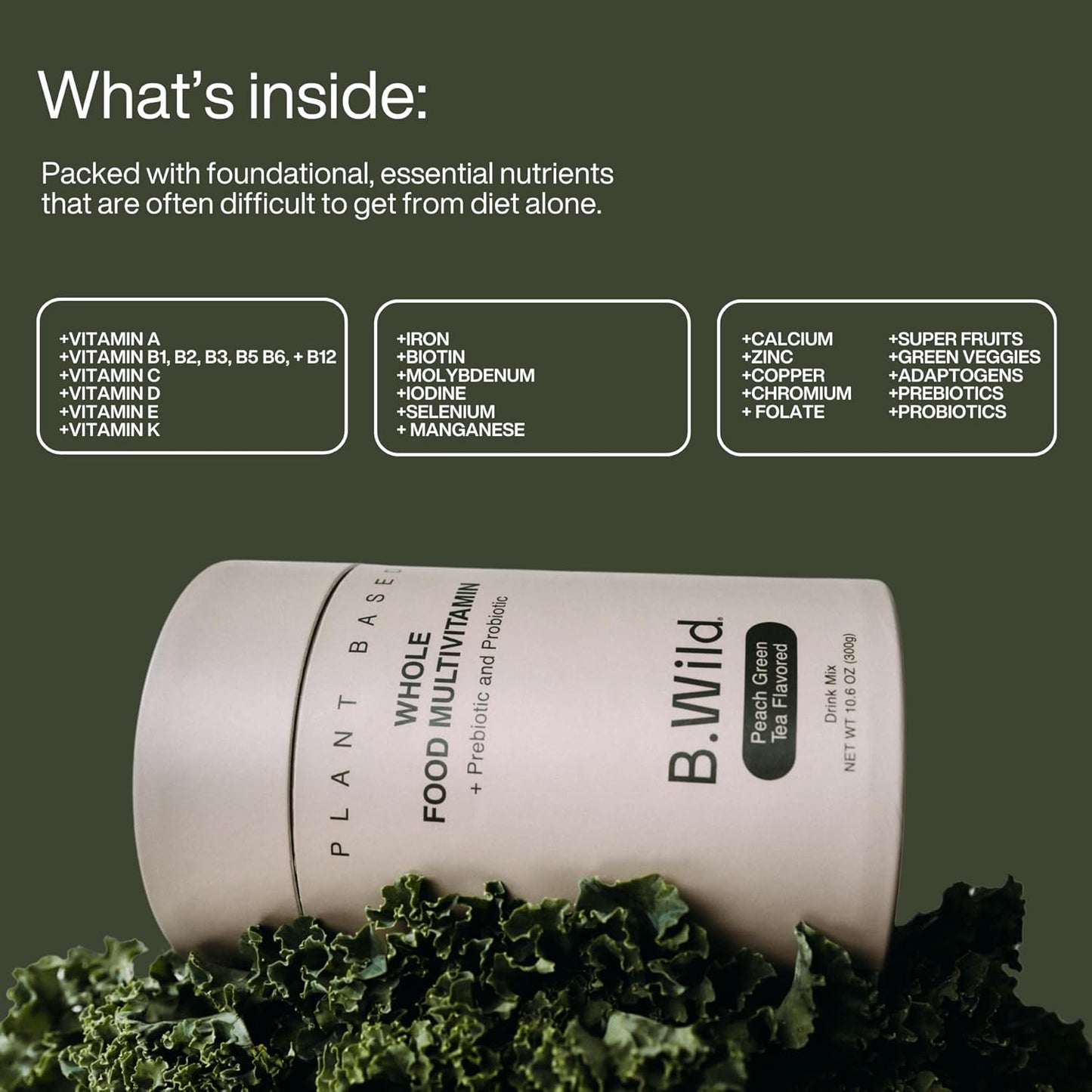 Plant-Based Multivitamin Drink Mix with Antioxidants, Prebiotics, and Probiotics - Peach Green Tea Flavor (300g)