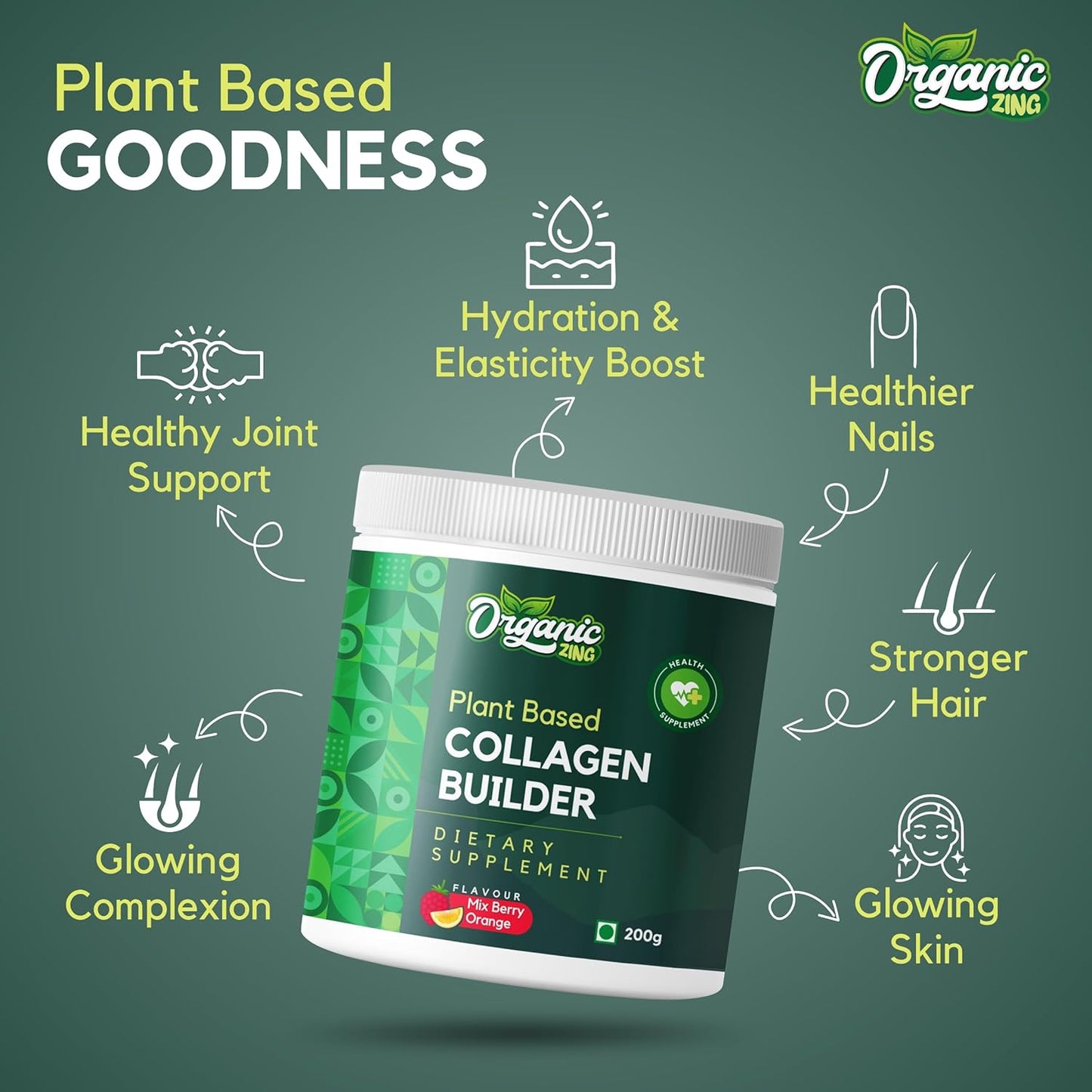 Plant-Based Organic ZING Collagen Powder with Vitamin C for Skin Elasticity & Firmness - Mix Berry Flavour (200g)