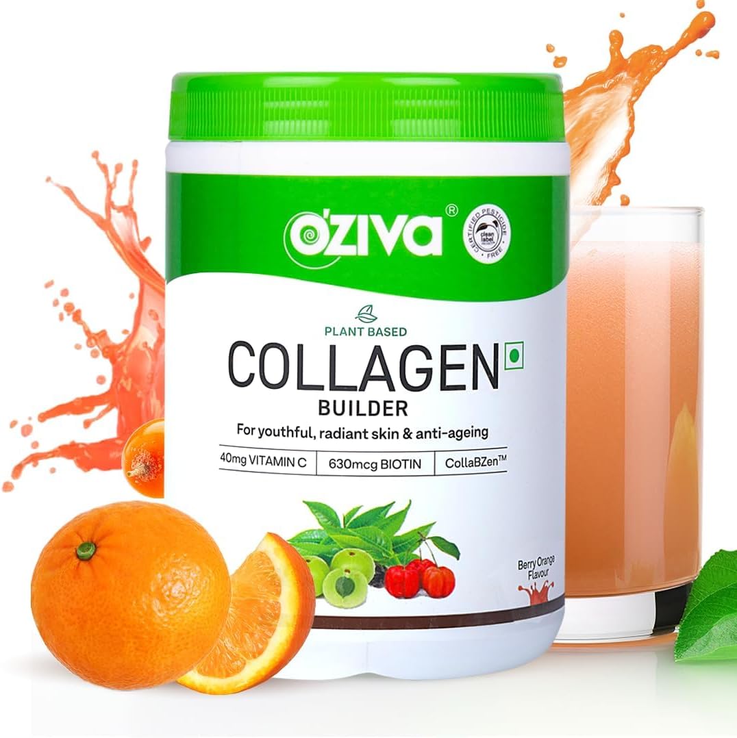 Plant Based O'Ziva Vegan Collagen Powder with Biotin & Vitamin C for Youthful Skin - 250g (Berry Orange) | Vegan Collagen Supplement for Women & Men