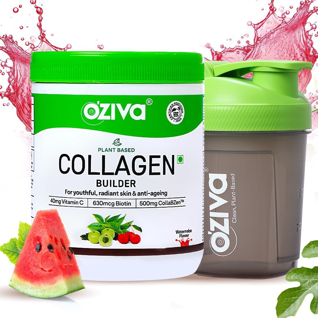 Plant-Based OZIVA Vegan Collagen Powder with Biotin & Vitamin C for Brighter Skin - 125g + Shaker | Vegan Collagen Supplement for Women & Men