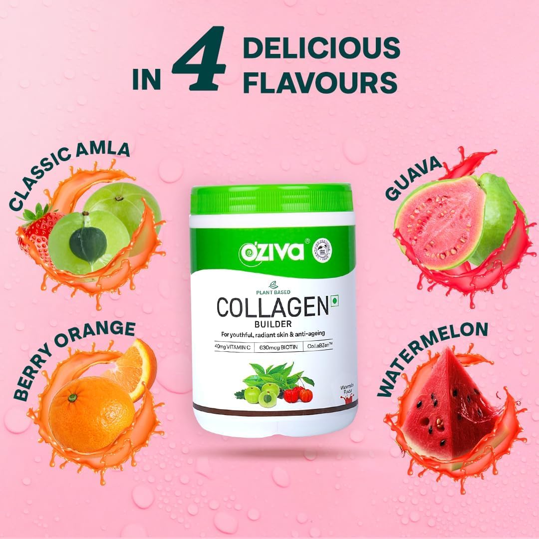 Plant Based O'Ziva Vegan Collagen Powder with Biotin & Vitamin C for Youthful Skin - 250g (Berry Orange) | Vegan Collagen Supplement for Women & Men