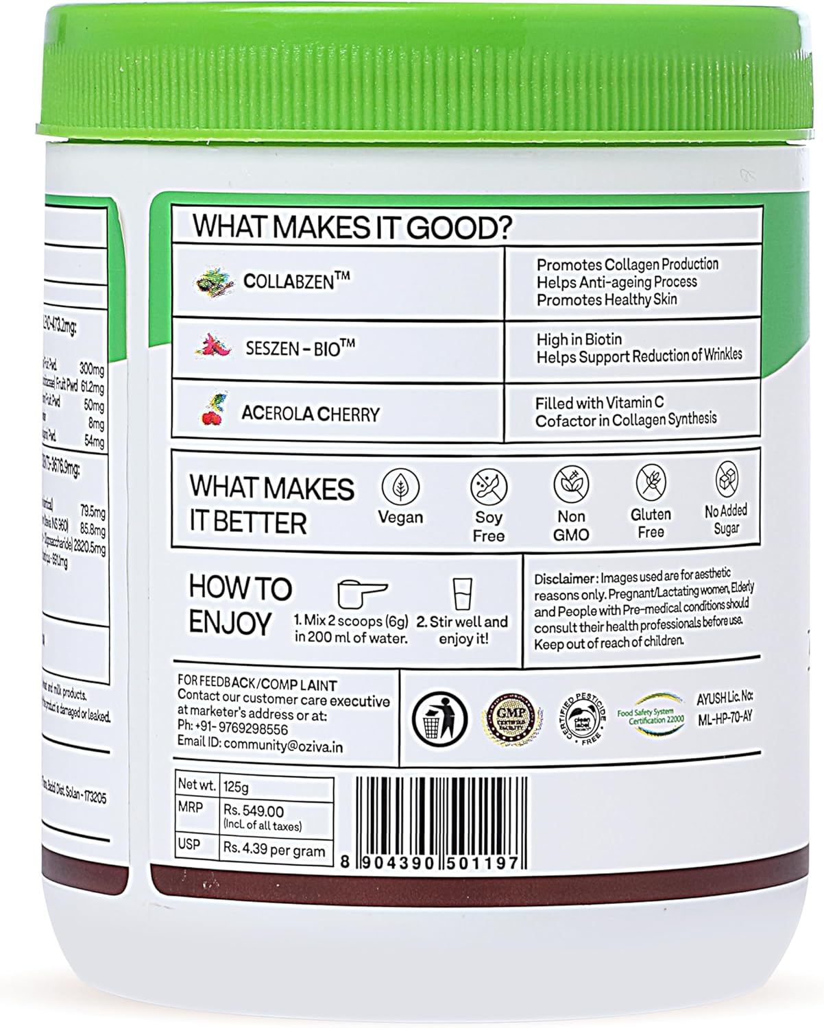 Plant-Based OZIVA Vegan Collagen Powder with Biotin & Vitamin C for Brighter Skin - 125g + Shaker | Vegan Collagen Supplement for Women & Men
