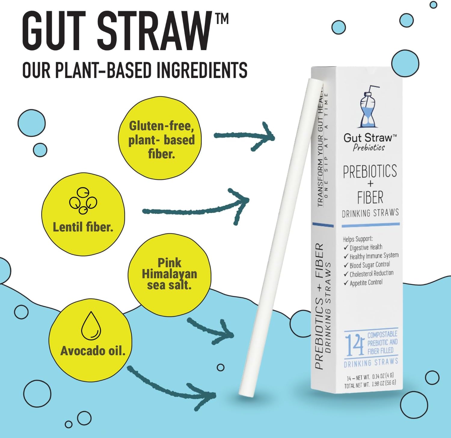 Plant-Based Prebiotic Fiber Drinking Straws with Vitamins D and K2 for Gut Health - Easy-to-Use Straws Packed with Nutrients to Support Healthy Microbiome - 4g Fiber per Straw