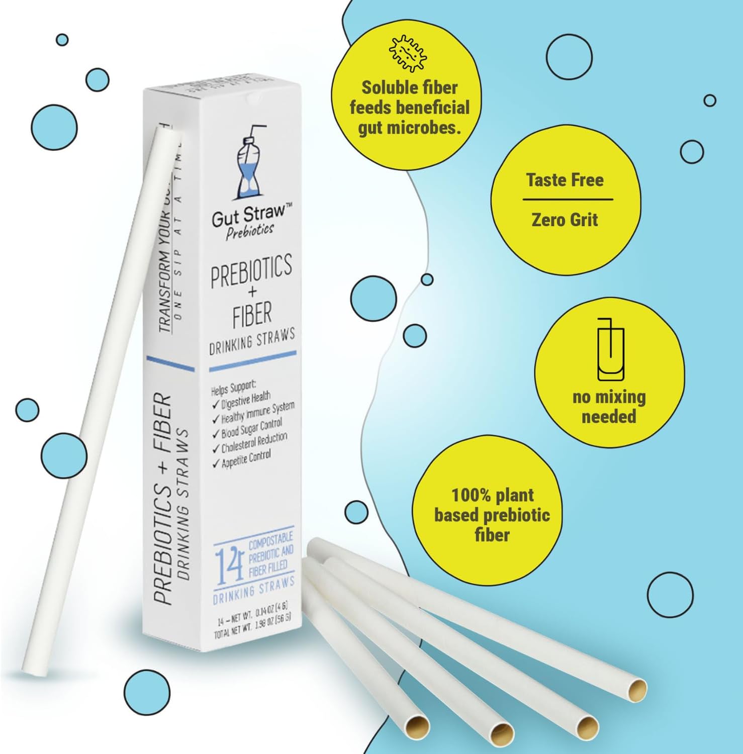 Plant-Based Prebiotic Fiber Drinking Straws with Vitamins D and K2 for Gut Health - Easy-to-Use Straws Packed with Nutrients to Support Healthy Microbiome - 4g Fiber per Straw