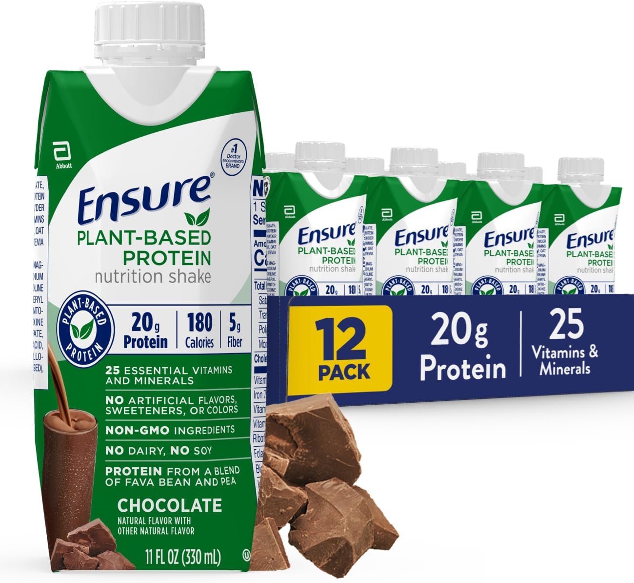 Plant-Based Protein Nutrition Shakes, 20g Fava Bean & Pea Protein, Vanilla & Chocolate, Pack of 12, 11 Fl Oz