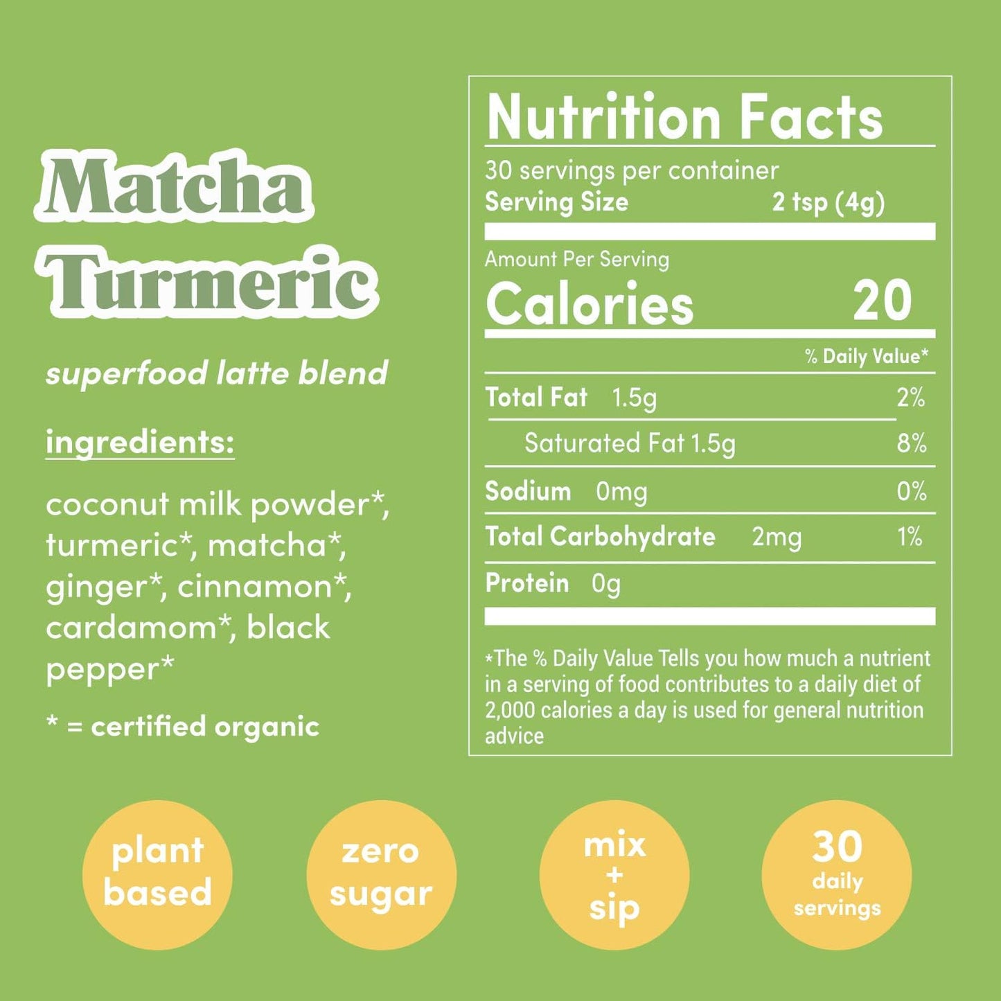 Plant-Based Superfood Latte Blend with Matcha Turmeric - Anti-Inflammatory for Skin, Gut Health, & Stress Balance - 30 Servings