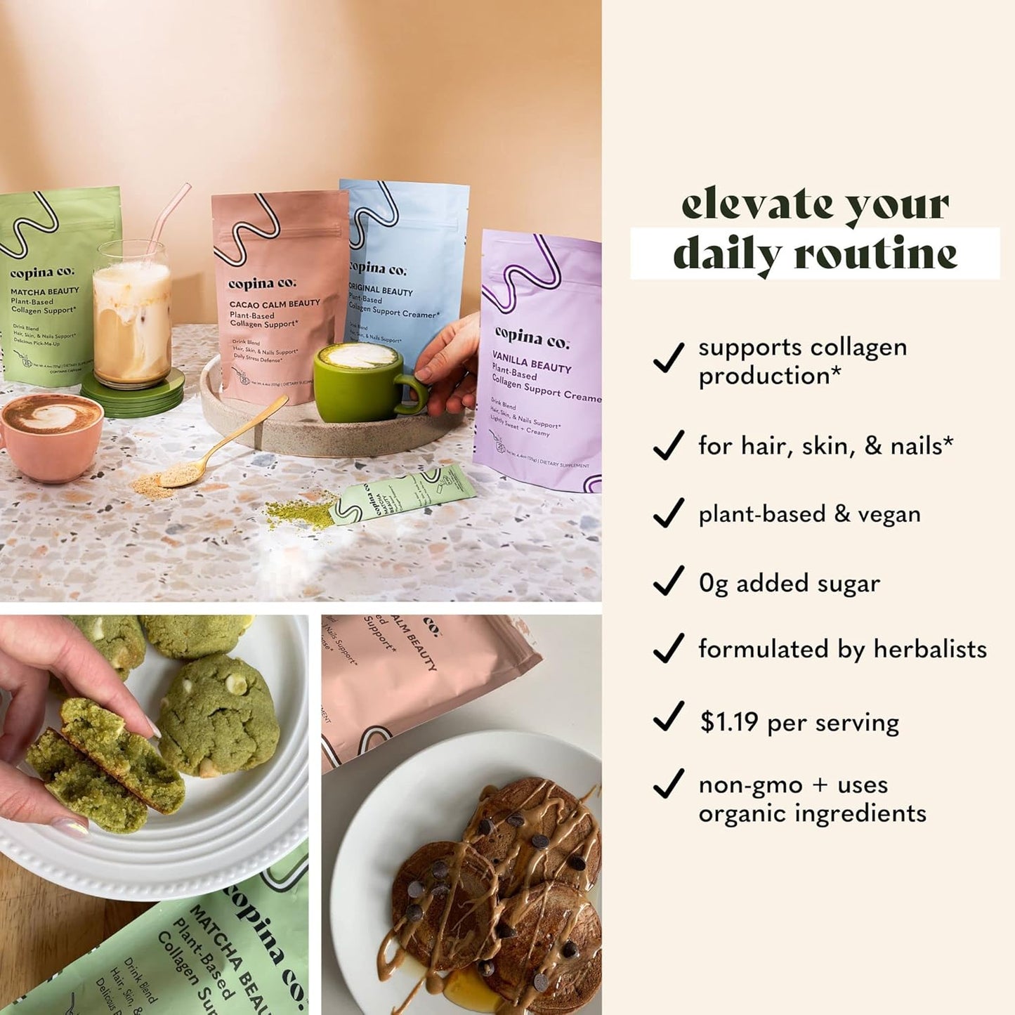 Plant-Based Vegan Collagen Booster Mix Variety Pack - 4 Flavors, 25 Servings per Bag - Matcha, Vanilla, Original, Cacao - Copina Co. Smoothie Drink Vegan Blend