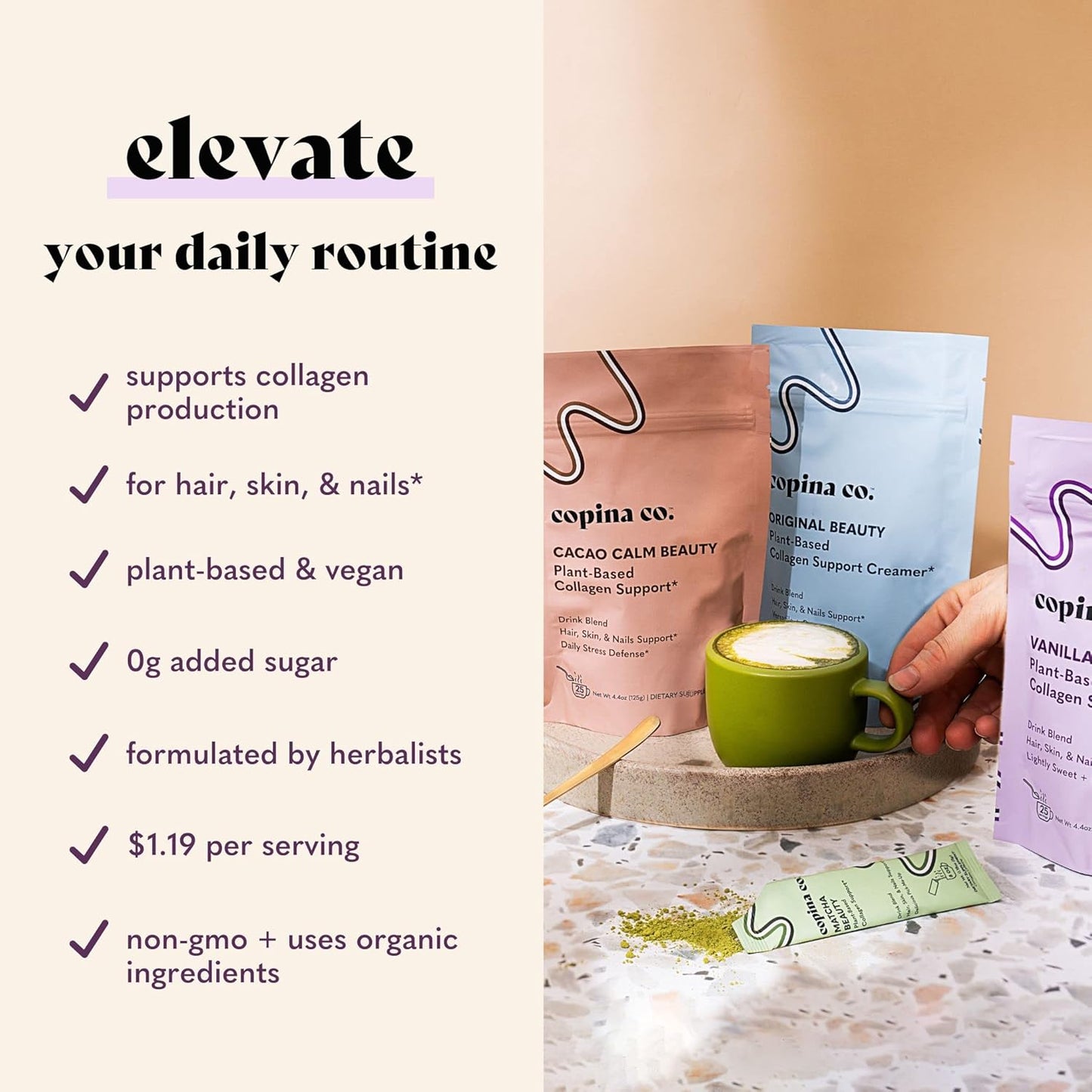 Plant-Based Vegan Collagen Booster Mix Variety Pack - 4 Flavors, 25 Servings per Bag - Matcha, Vanilla, Original, Cacao - Copina Co. Smoothie Drink Vegan Blend