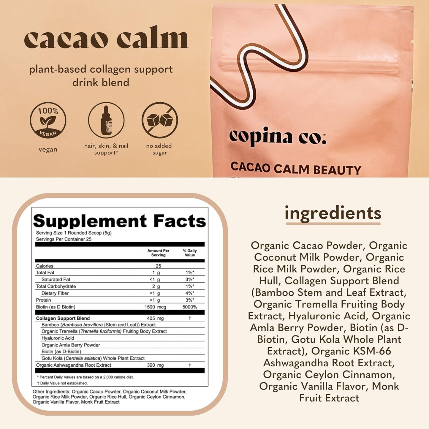 Plant-Based Vegan Collagen Booster Mix Variety Pack - 4 Flavors, 25 Servings per Bag - Matcha, Vanilla, Original, Cacao - Copina Co. Smoothie Drink Vegan Blend