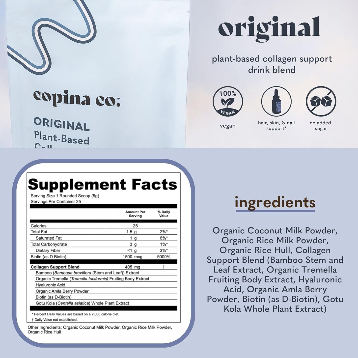 Plant-Based Vegan Collagen Booster Mix Variety Pack - 4 Flavors, 25 Servings per Bag - Matcha, Vanilla, Original, Cacao - Copina Co. Smoothie Drink Vegan Blend