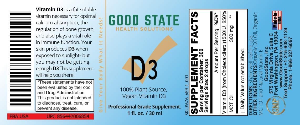 Plant-Based Vitamin D3 Supplement | Algae Sourced | Vegan Professional Grade | 1oz Glass Bottle | 300 Servings