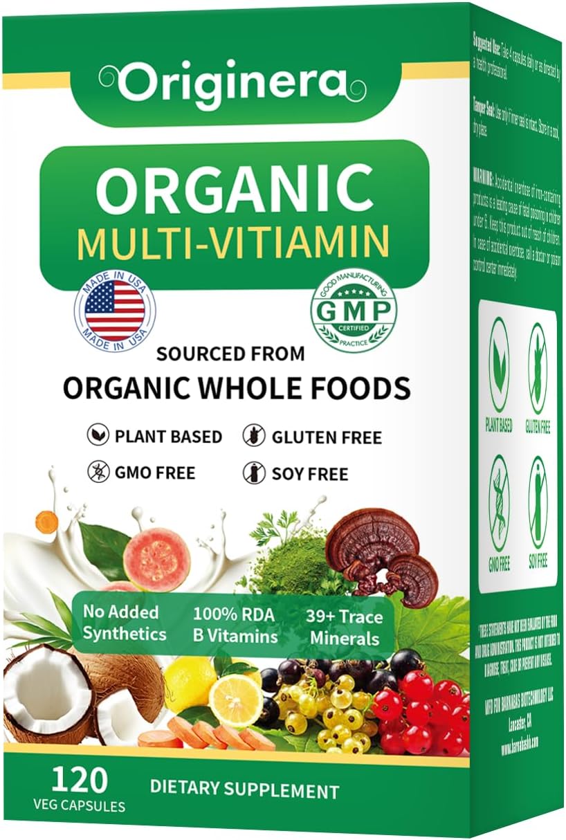 Plant-Sourced Organic Whole Foods Multi-Vitamin Supplement with Immune, Brain, and Heart Support - Vegan Capsules for Men & Women