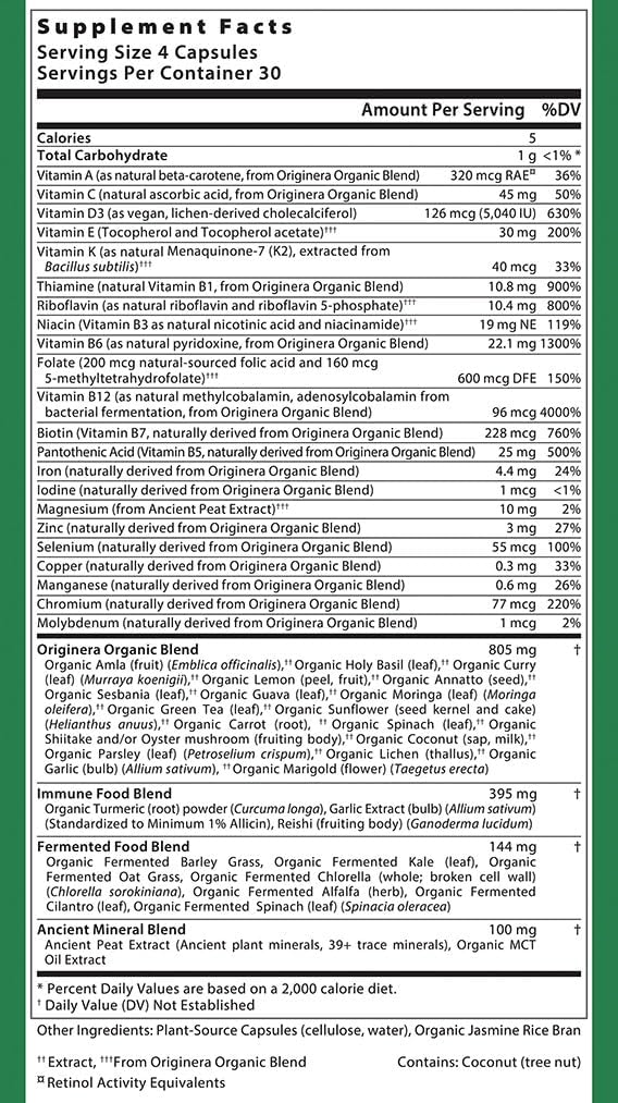 Plant-Sourced Organic Whole Foods Multi-Vitamin Supplement with Immune, Brain, and Heart Support - Vegan Capsules for Men & Women