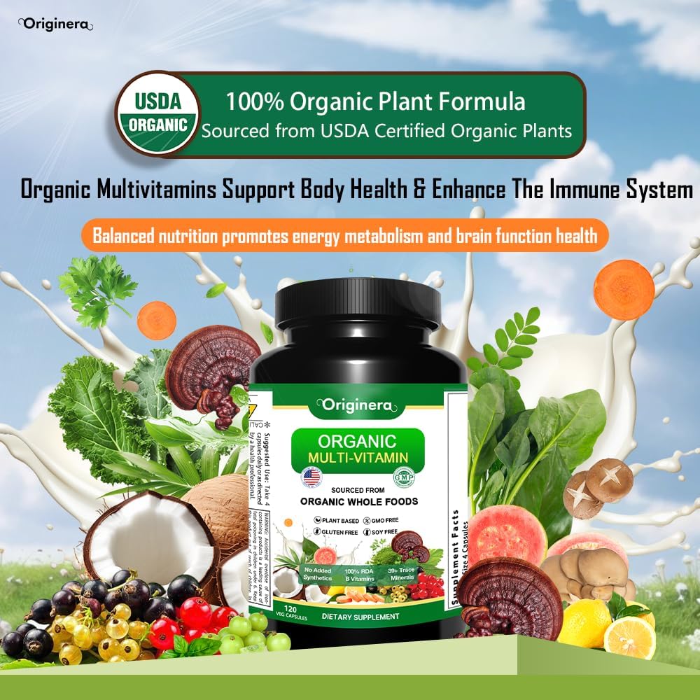 Plant-Sourced Organic Whole Foods Multi-Vitamin Supplement with Immune, Brain, and Heart Support - Vegan Capsules for Men & Women