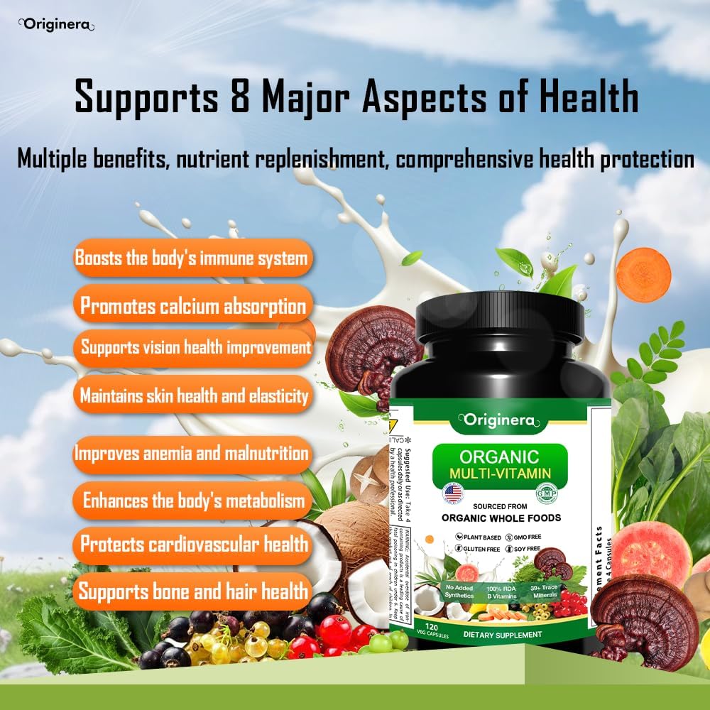 Plant-Sourced Organic Whole Foods Multi-Vitamin Supplement with Immune, Brain, and Heart Support - Vegan Capsules for Men & Women
