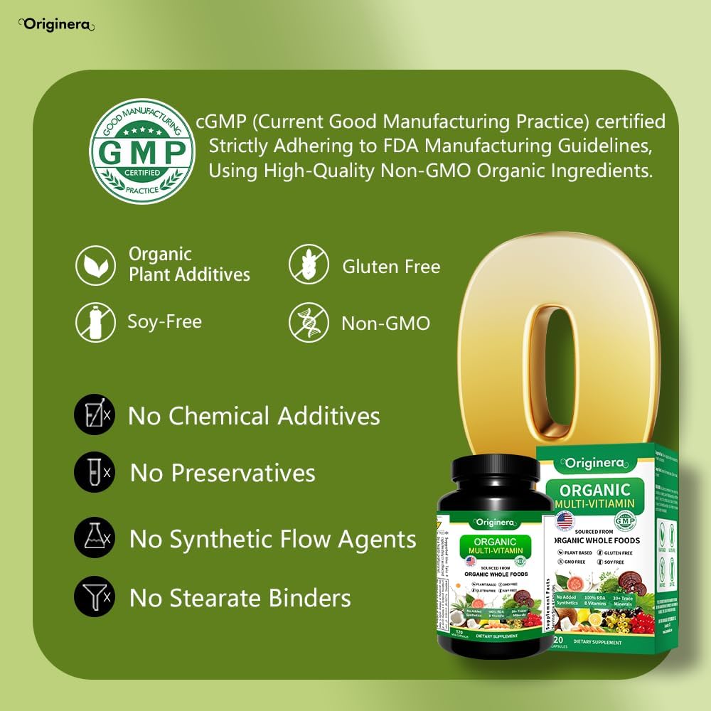 Plant-Sourced Organic Whole Foods Multi-Vitamin Supplement with Immune, Brain, and Heart Support - Vegan Capsules for Men & Women