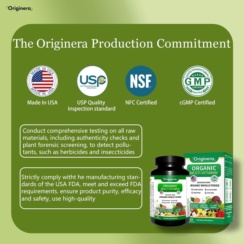 Plant-Sourced Organic Whole Foods Multi-Vitamin Supplement with Immune, Brain, and Heart Support - Vegan Capsules for Men & Women