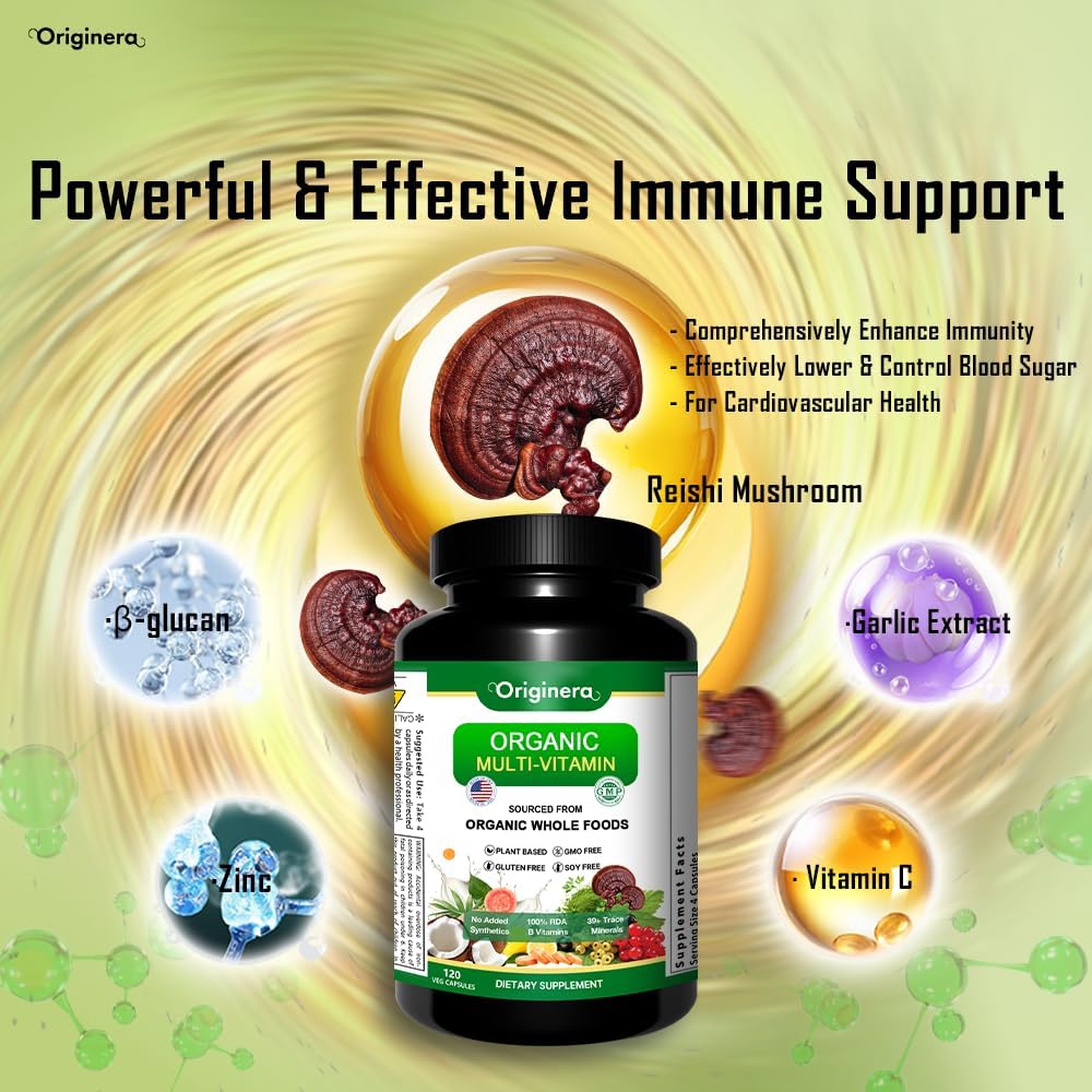 Plant-Sourced Organic Whole Foods Multi-Vitamin Supplement with Immune, Brain, and Heart Support - Vegan Capsules for Men & Women