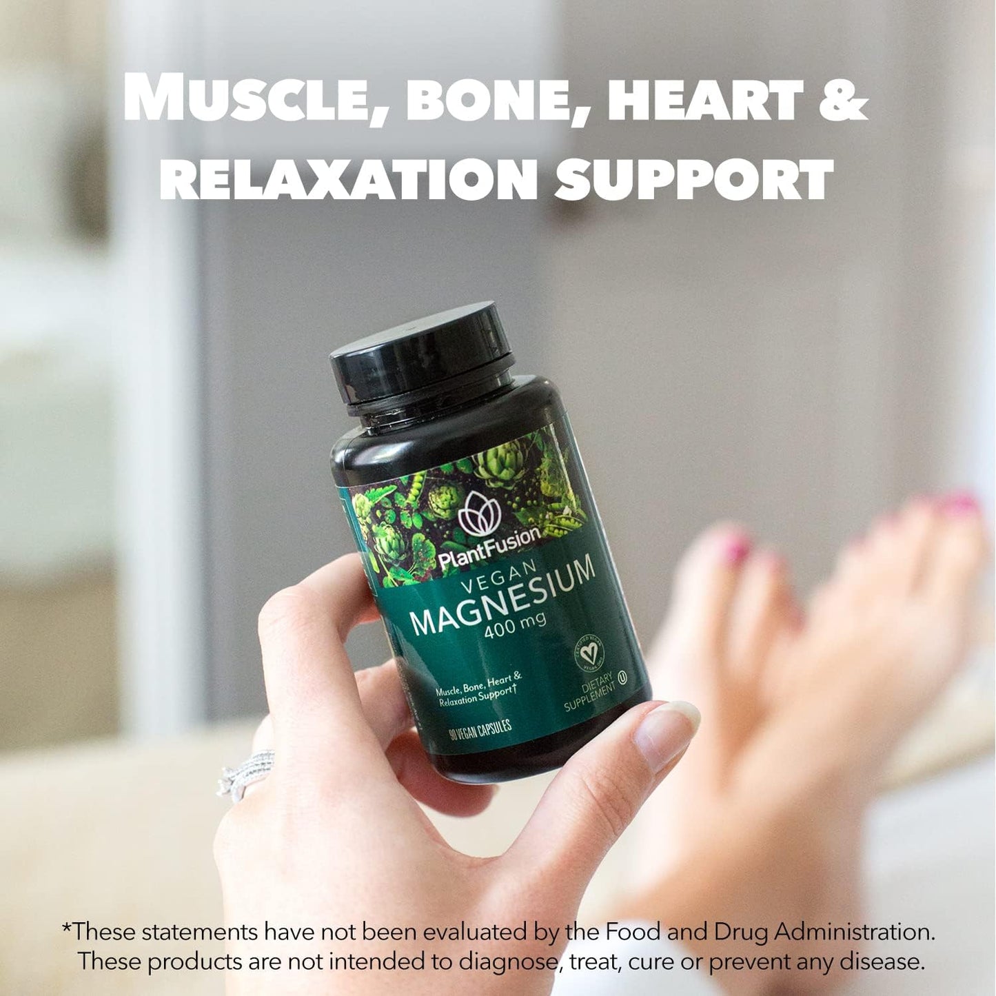 PlantFusion Vegan Magnesium Supplement - 400mg Capsules for Muscle, Bone, Heart & Relaxation - 90ct