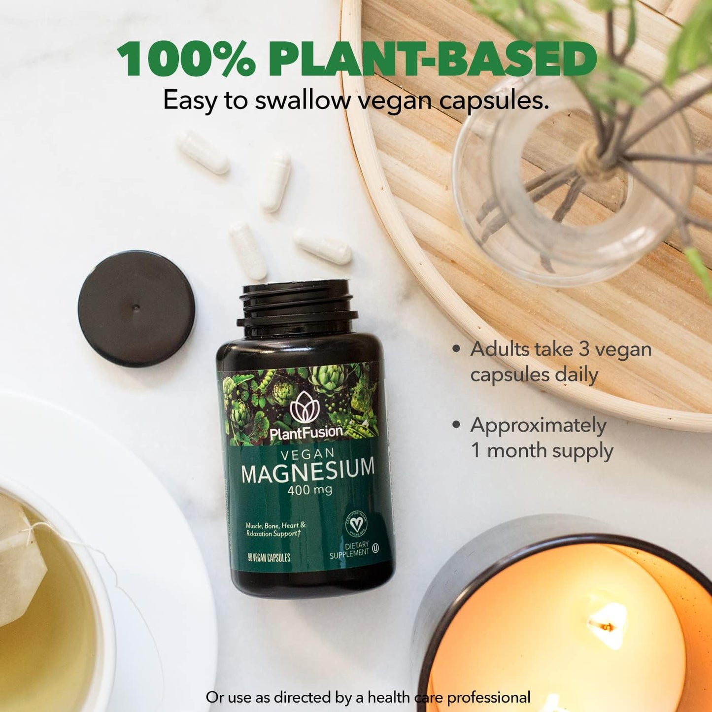 PlantFusion Vegan Magnesium Supplement - 400mg Capsules for Muscle, Bone, Heart & Relaxation - 90ct