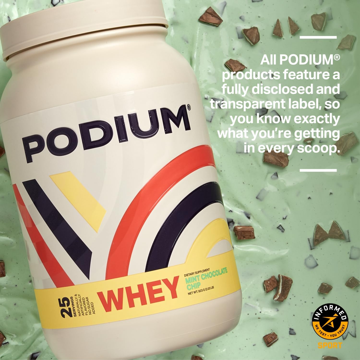 Podium Nutrition Mint Chocolate Chip Whey Protein Powder - 25 Servings, 25g Protein per Serving - Gluten & Soy Free