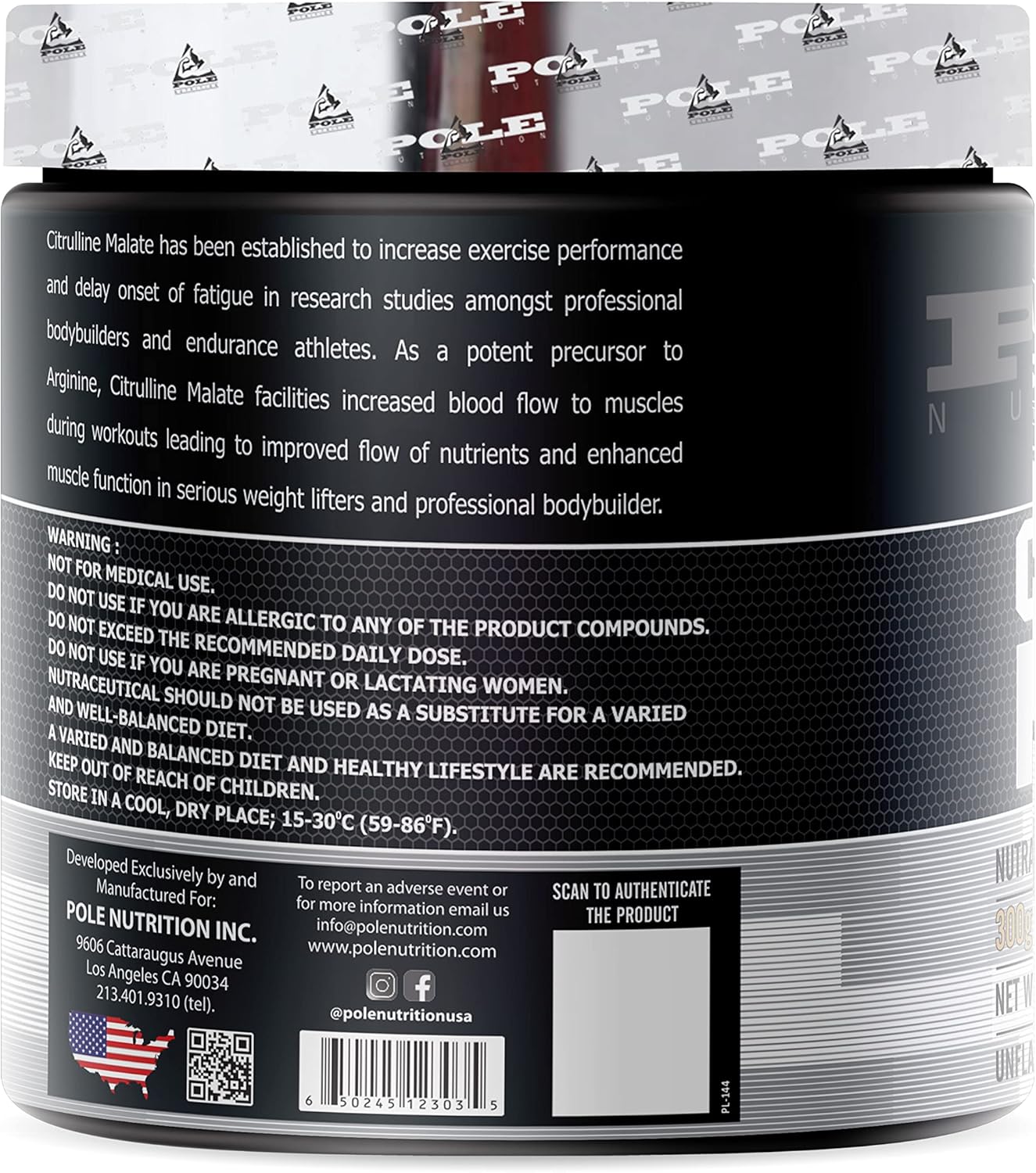 Pole Nutrition Citrulline Malate Powder - 150 Servings, 300g Size