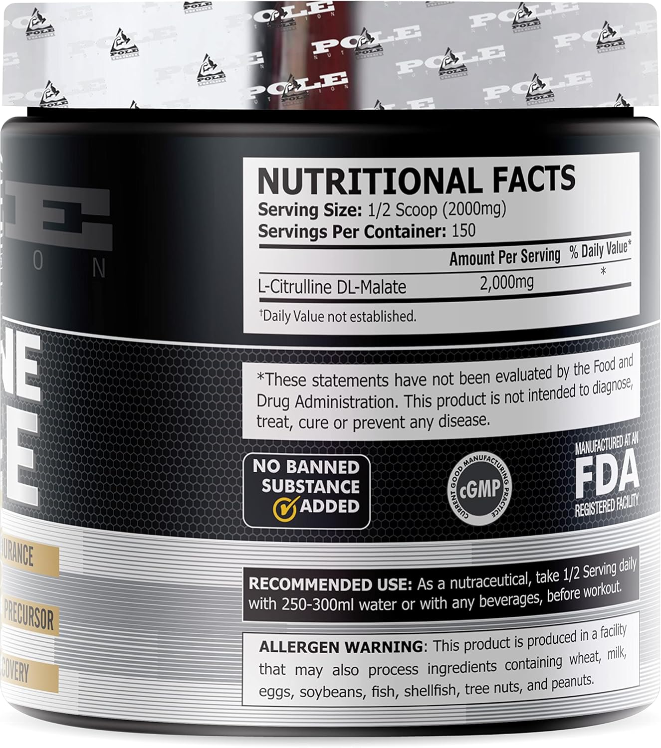 Pole Nutrition Citrulline Malate Powder - 150 Servings, 300g Size