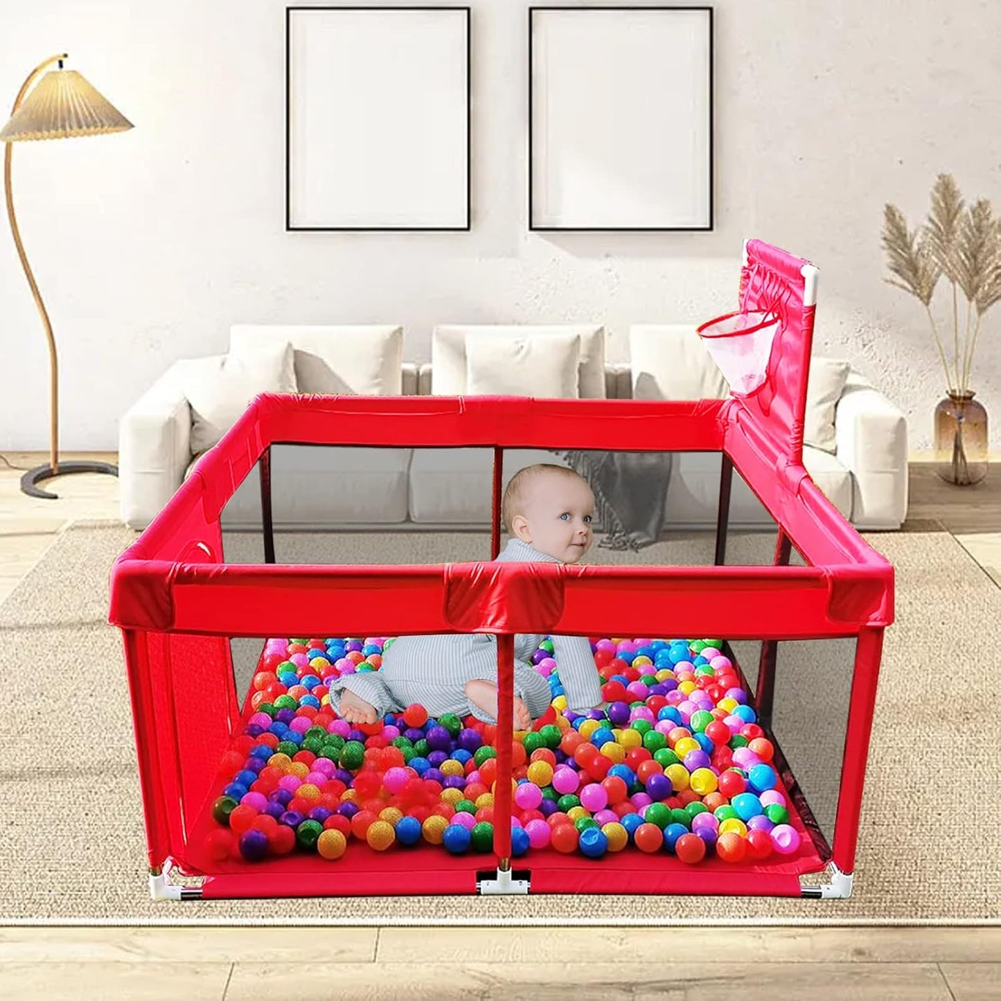 Portable Large Baby Ball Pit Playpen with Basketball Hoop and Breathable Mesh - Indoor Outdoor Playard for Infant Toddler Kids