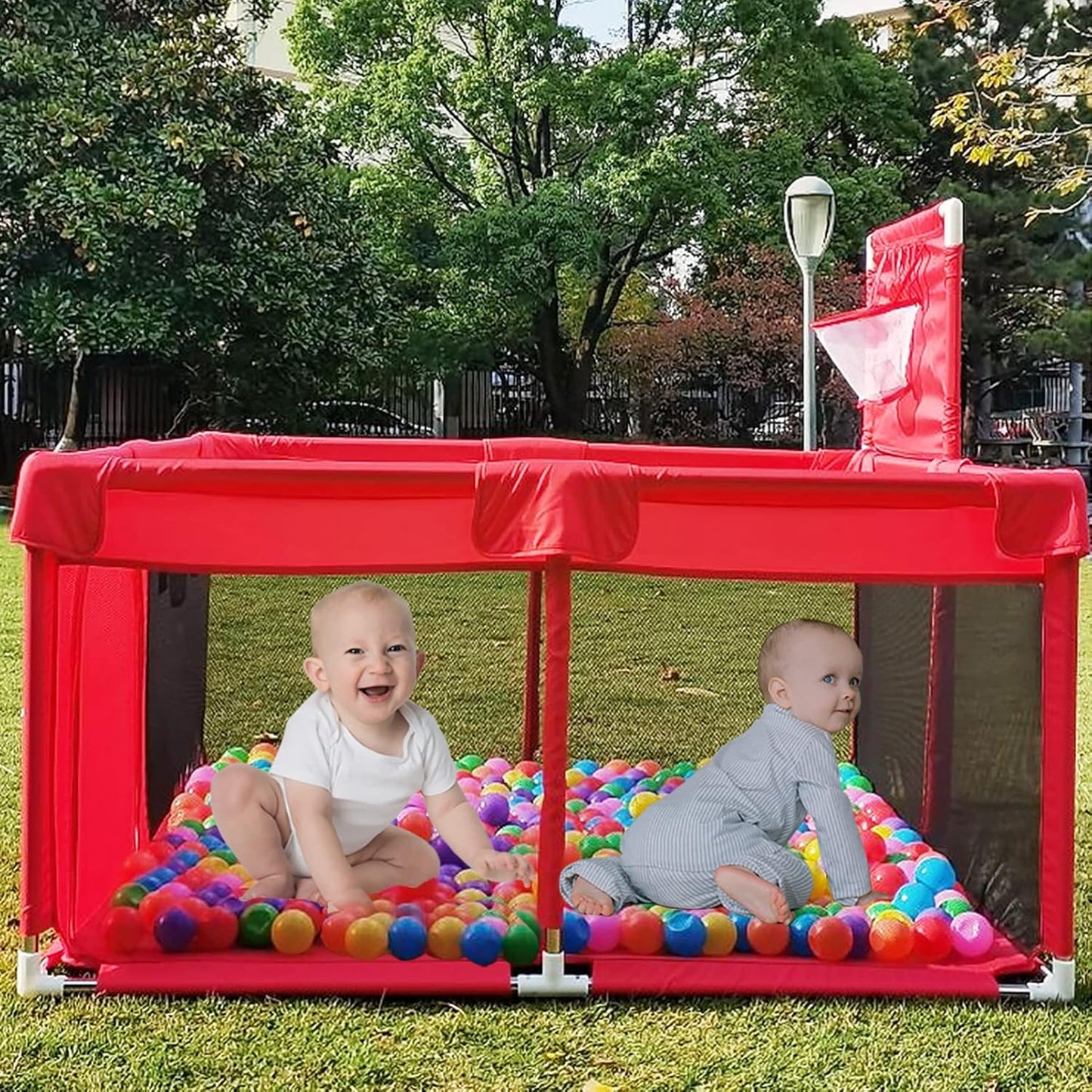 Portable Large Baby Ball Pit Playpen with Basketball Hoop and Breathable Mesh - Indoor Outdoor Playard for Infant Toddler Kids