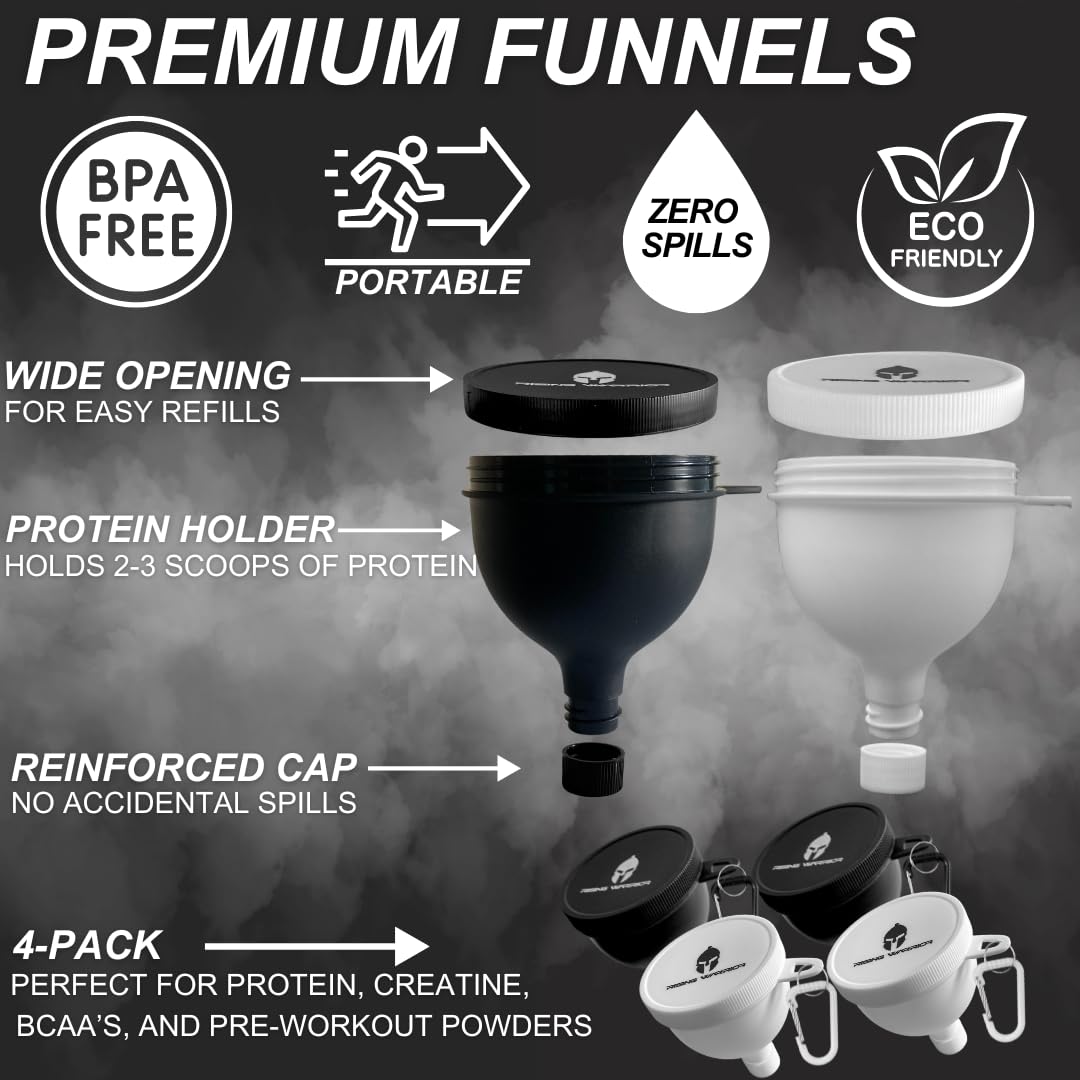 Portable Protein Powder Funnel Set - 4 Pack Water Bottle Funnels - Ideal for Pre-Workout, BCAA's, Protein | Mess-Free Keychain Container for Fitness, Travel