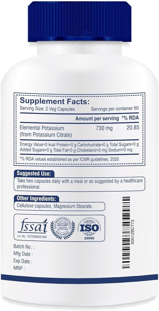 Potassium Citrate 730mg Capsules - Promotes Kidney Health & Muscle Function - 120 Vegetarian Pills