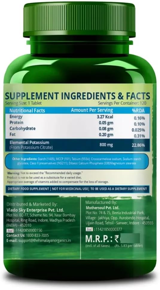 Potassium Citrate 800mg Tablets for Nerve, Muscle, Joint, and Bone Health - 120 Veg Capsules - Men & Women Support - Muralidhar Exporters