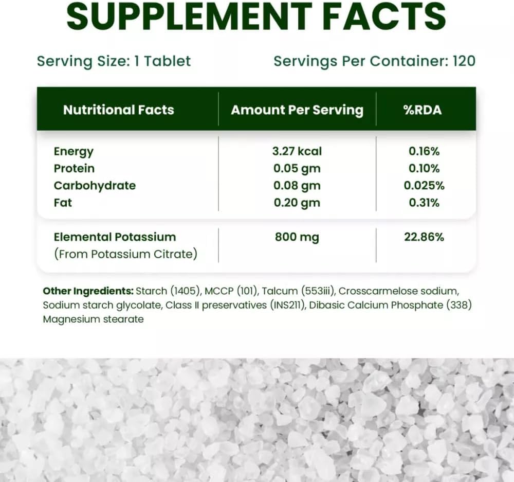 Potassium Citrate 800mg Tablets for Nerve, Muscle, Joint, and Bone Health - 120 Veg Capsules - Men & Women Support - Muralidhar Exporters