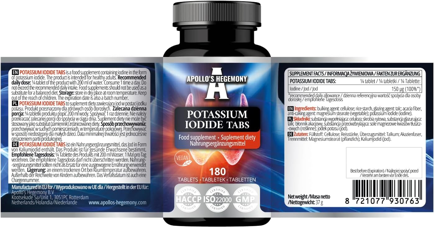 Potassium Iodide 150 mcg - 180 Vegan Tablets for Gland Function & Metabolism - Apollo's Hegemony