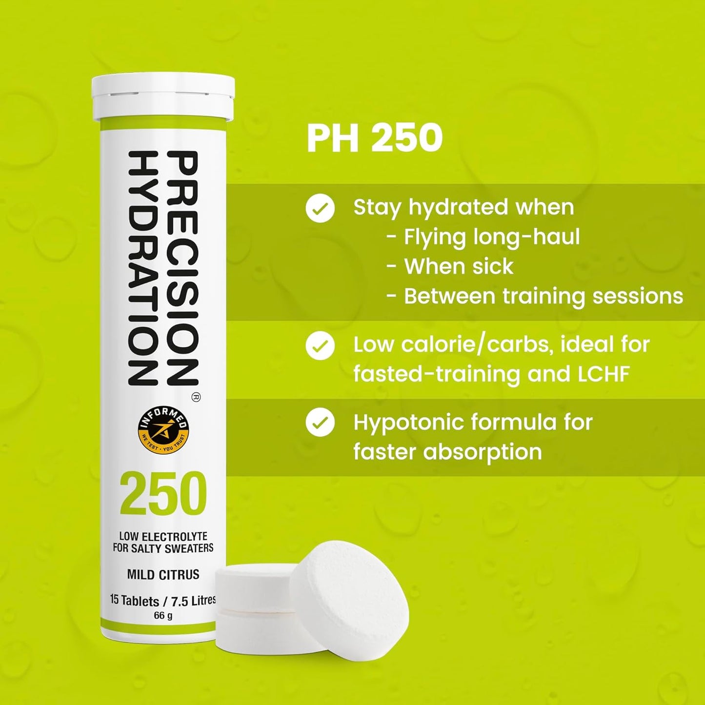 Precision Hydration Electrolyte Drink Tablets - Low Calorie, Gluten Free, Vegan/Vegetarian Friendly - 12 Tubes, 250mg/L - Green Tube