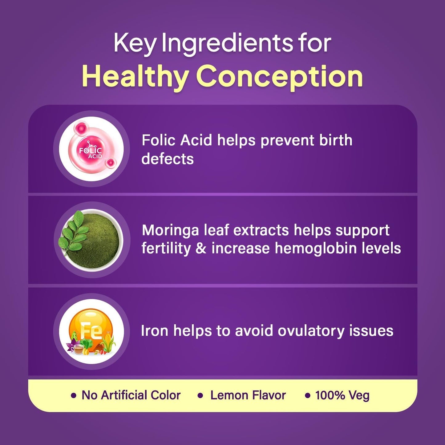 Pre.ga Hope Pre-Pregnancy Fertility Supplement with Iron, Folic Acid, and Moringa - Lemon Flavor, 30 Tablets