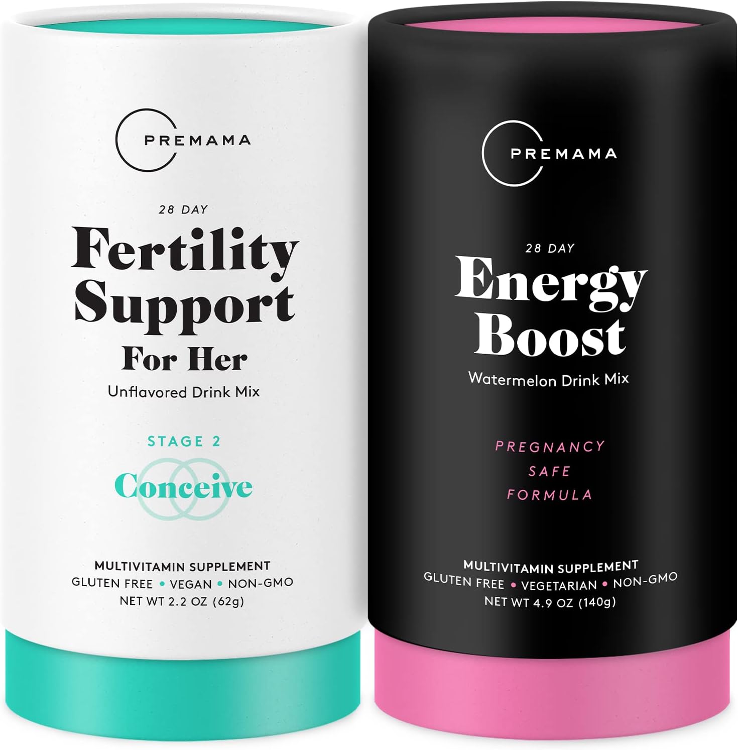Premama Prenatal Vitamin Energy Boost Drink Mix & Fertility Support Bundle, Omega 3, B Vitamins, DHA, Folate, 28 Servings