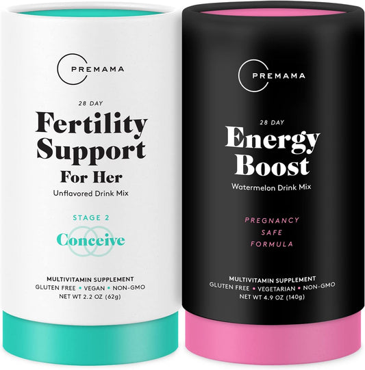 Premama Prenatal Vitamin Energy Boost Drink Mix & Fertility Support Bundle, Omega 3, B Vitamins, DHA, Folate, 28 Servings