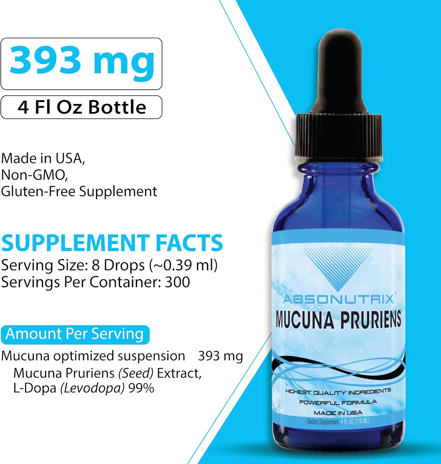 Premium Absonutrix Mucuna Pruriens Liquid Extract - 4 Oz, 393mg, 300 Servings - USA Made, Quick Absorption, Quality Ingredients - Non-GMO, GMP Certified, Third-Party Tested - Cruelty-Free