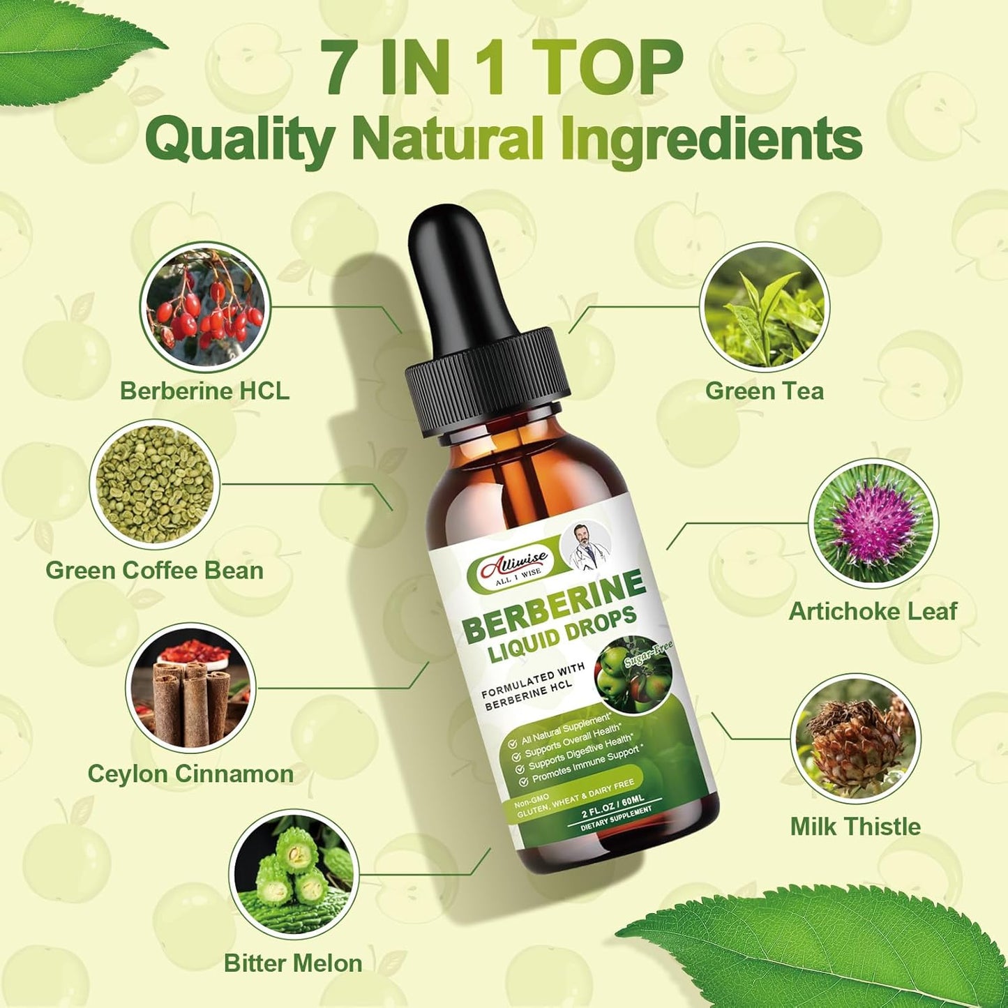 Premium Alliwise Berberine Liquid Drops with Ceylon Cinnamon & Bitter Melon - 1500mg Immune & Digestive Support