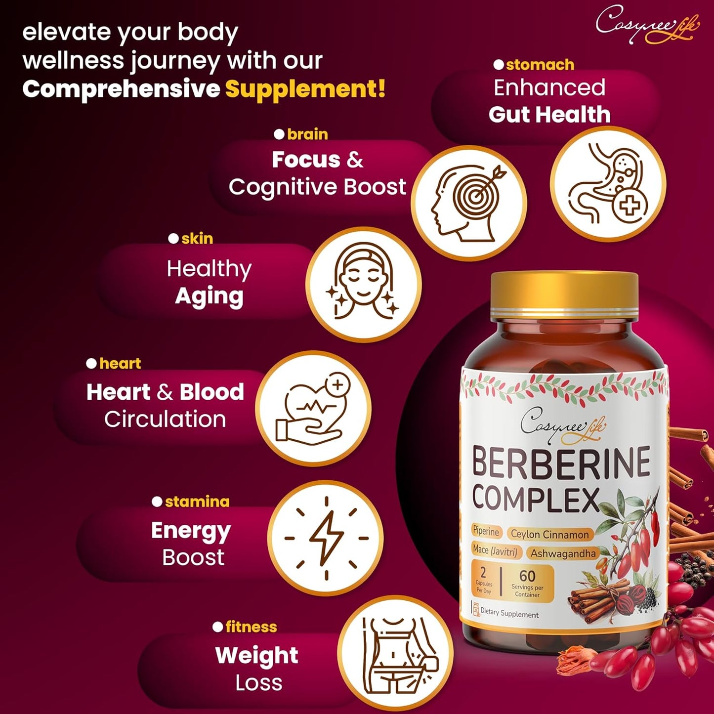 Premium Berberine HCL Capsules with True Ceylon Cinnamon for Immune System Support and Healthy Management - 1200mg, 120 Capsules