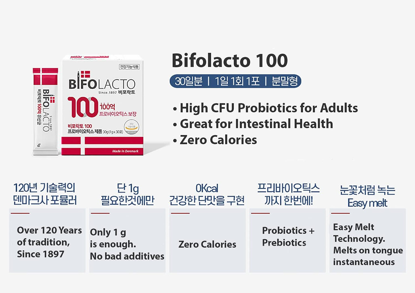 Premium Bifolacto 100 Probiotics from Denmark with Prebiotics, 44.2 Billion CFU, Zero Calorie, Non-Dairy, Travel-Friendly & No Water Required
