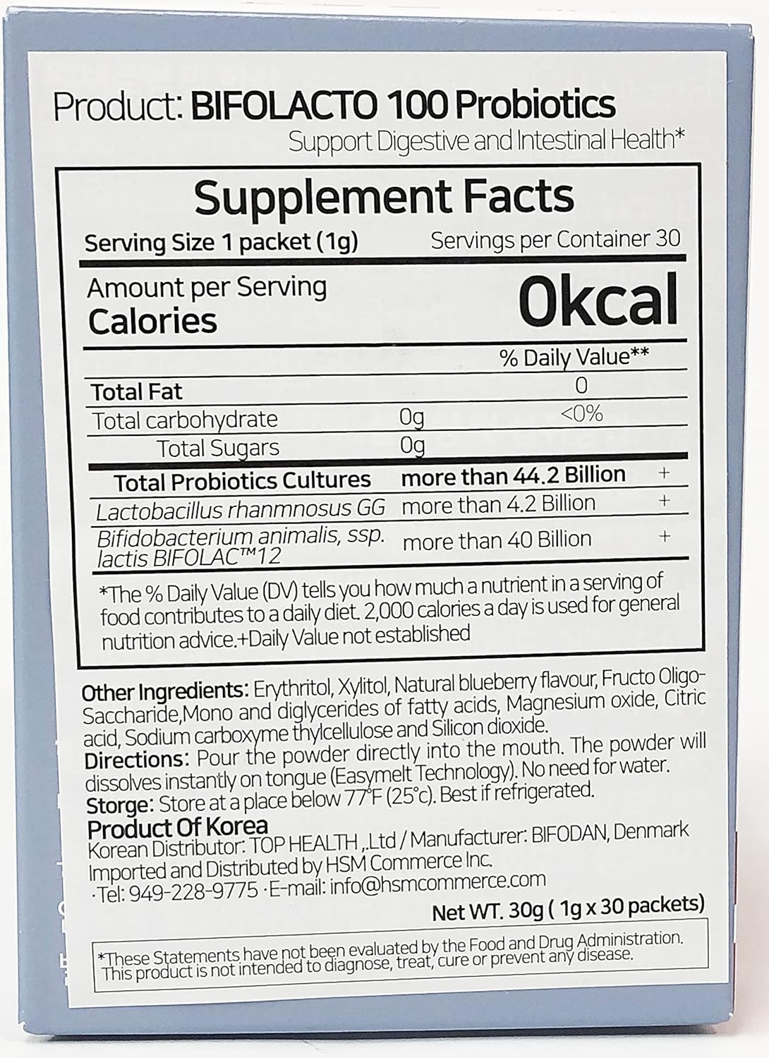 Premium Bifolacto 100 Probiotics from Denmark with Prebiotics, 44.2 Billion CFU, Zero Calorie, Non-Dairy, Travel-Friendly & No Water Required