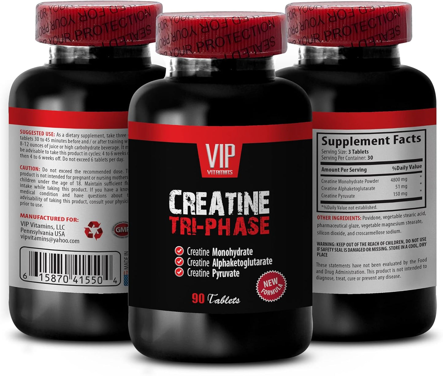 Premium Blend VIP VITAMINS Creatine Tri-phase Supplement for Men and Women - 90 Tablets - Monohydrate, Pyruvate, Alphaketoglutarate Formula