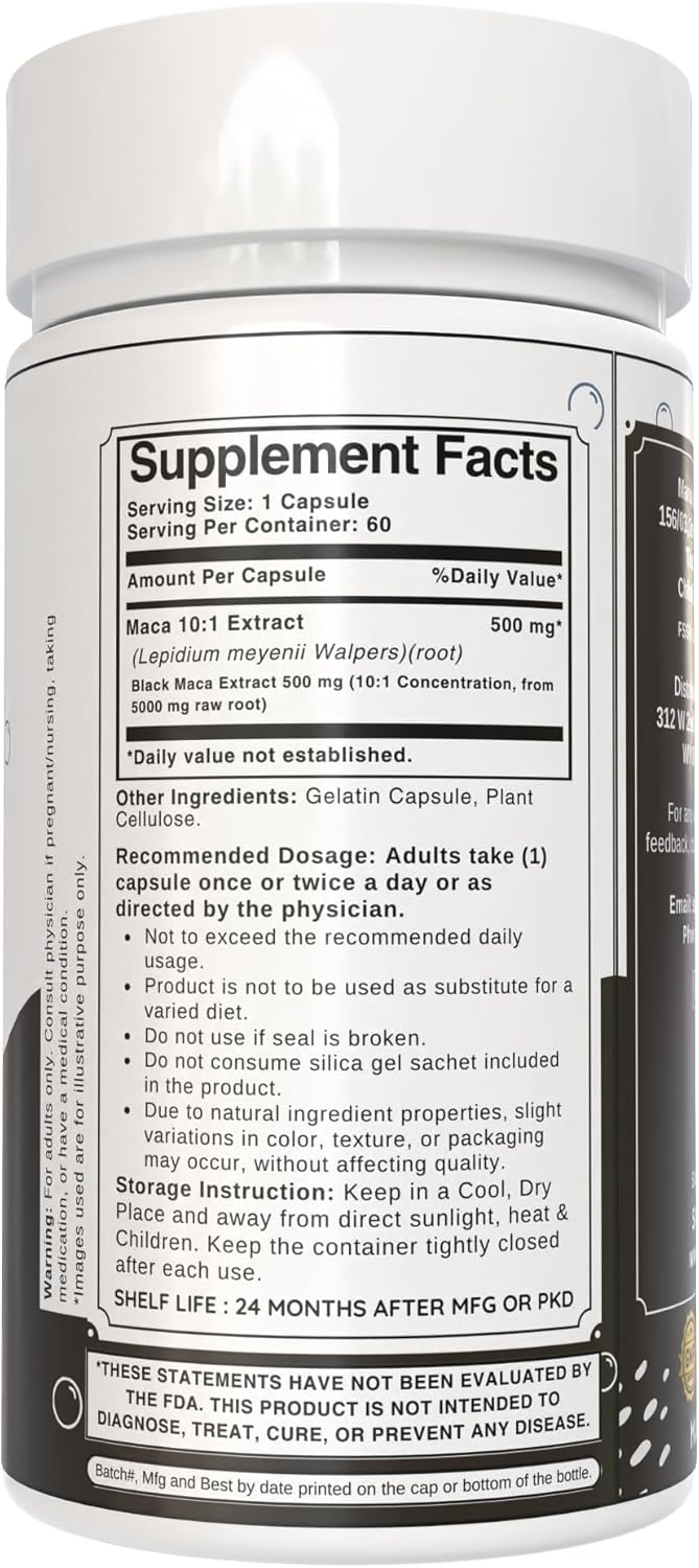 Premium Bloofah Black Maca Capsules - 500mg Herbal Supplement with Concentrated 10:1 Extract Powder - Non-GMO & Gluten-Free Maca Root Extract - 60 Count Pack for Herbal Nutrition