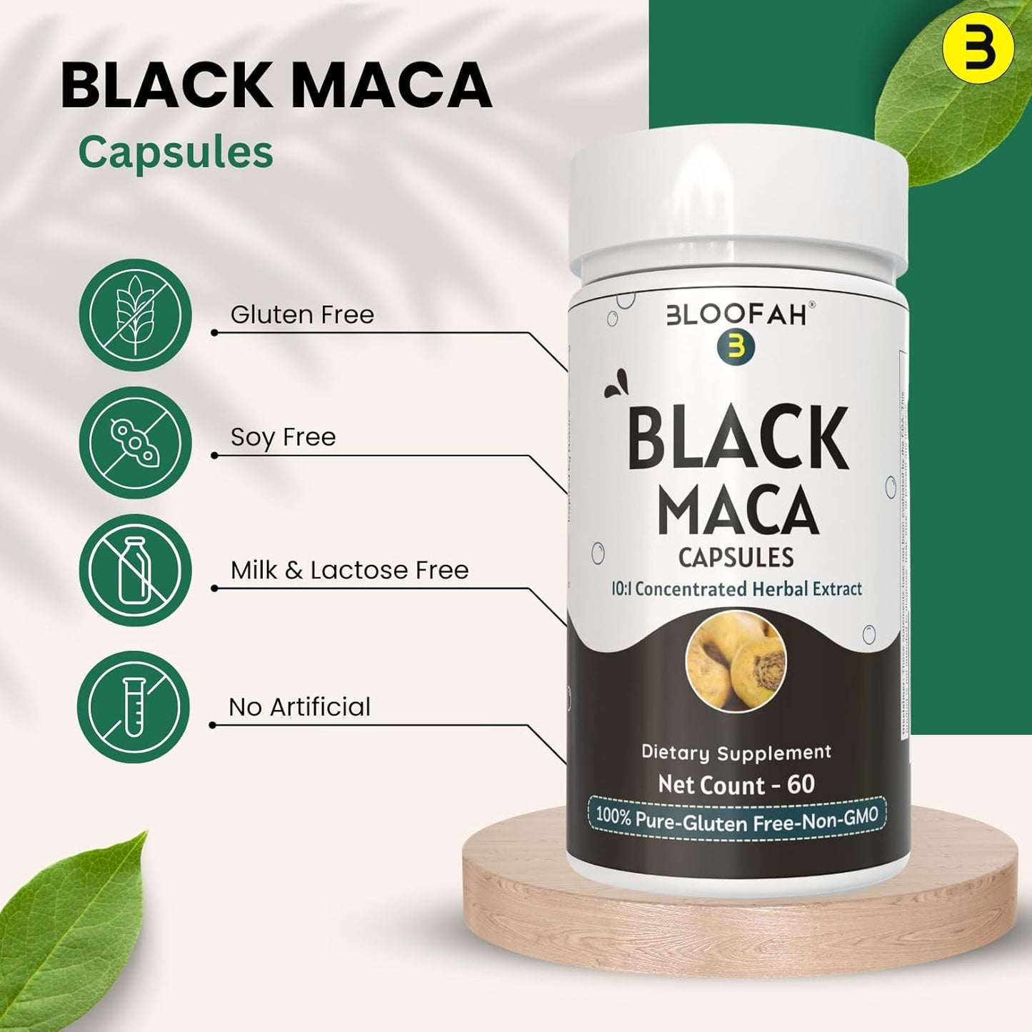 Premium Bloofah Black Maca Capsules - 500mg Herbal Supplement with Concentrated 10:1 Extract Powder - Non-GMO & Gluten-Free Maca Root Extract - 60 Count Pack for Herbal Nutrition