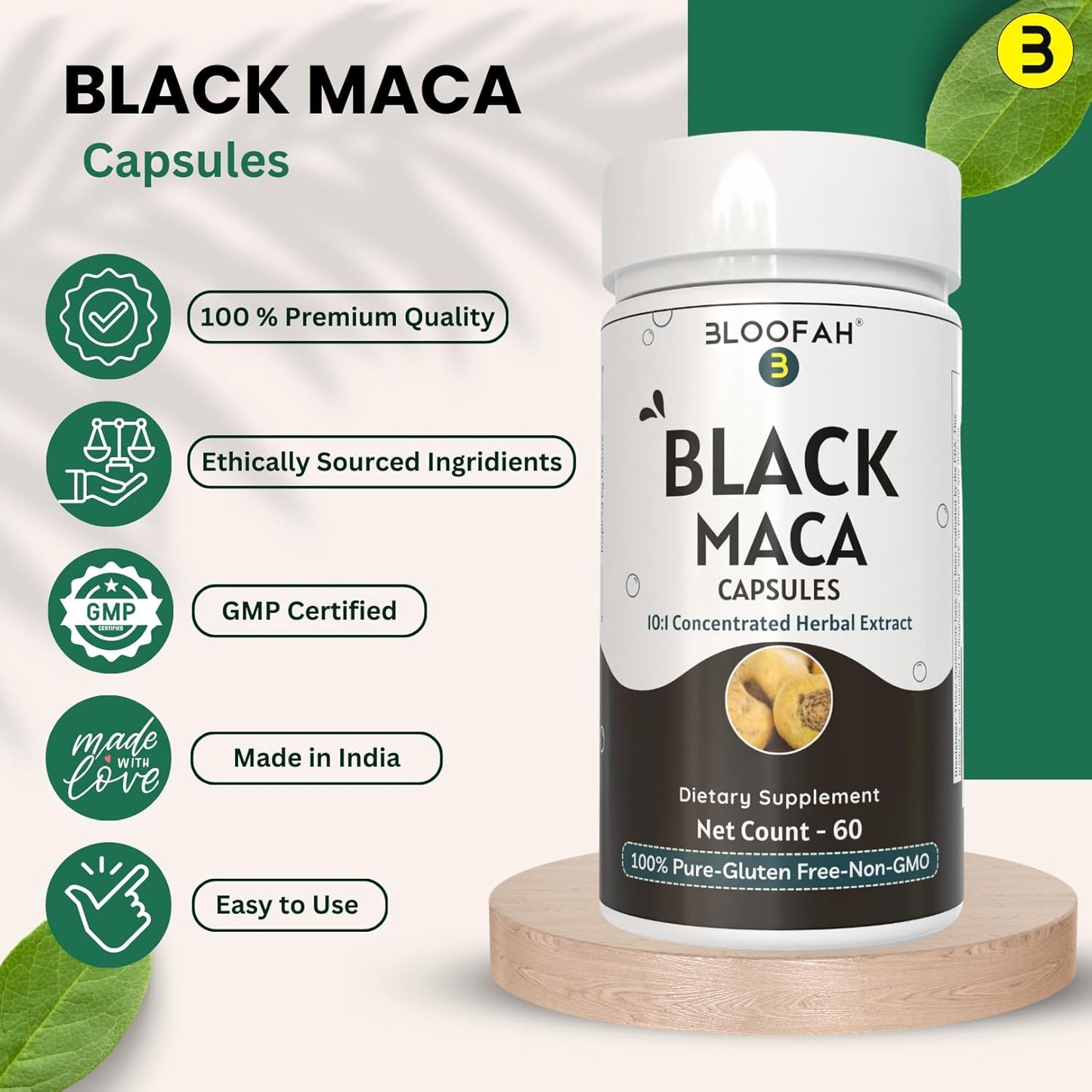 Premium Bloofah Black Maca Capsules - 500mg Herbal Supplement with Concentrated 10:1 Extract Powder - Non-GMO & Gluten-Free Maca Root Extract - 60 Count Pack for Herbal Nutrition