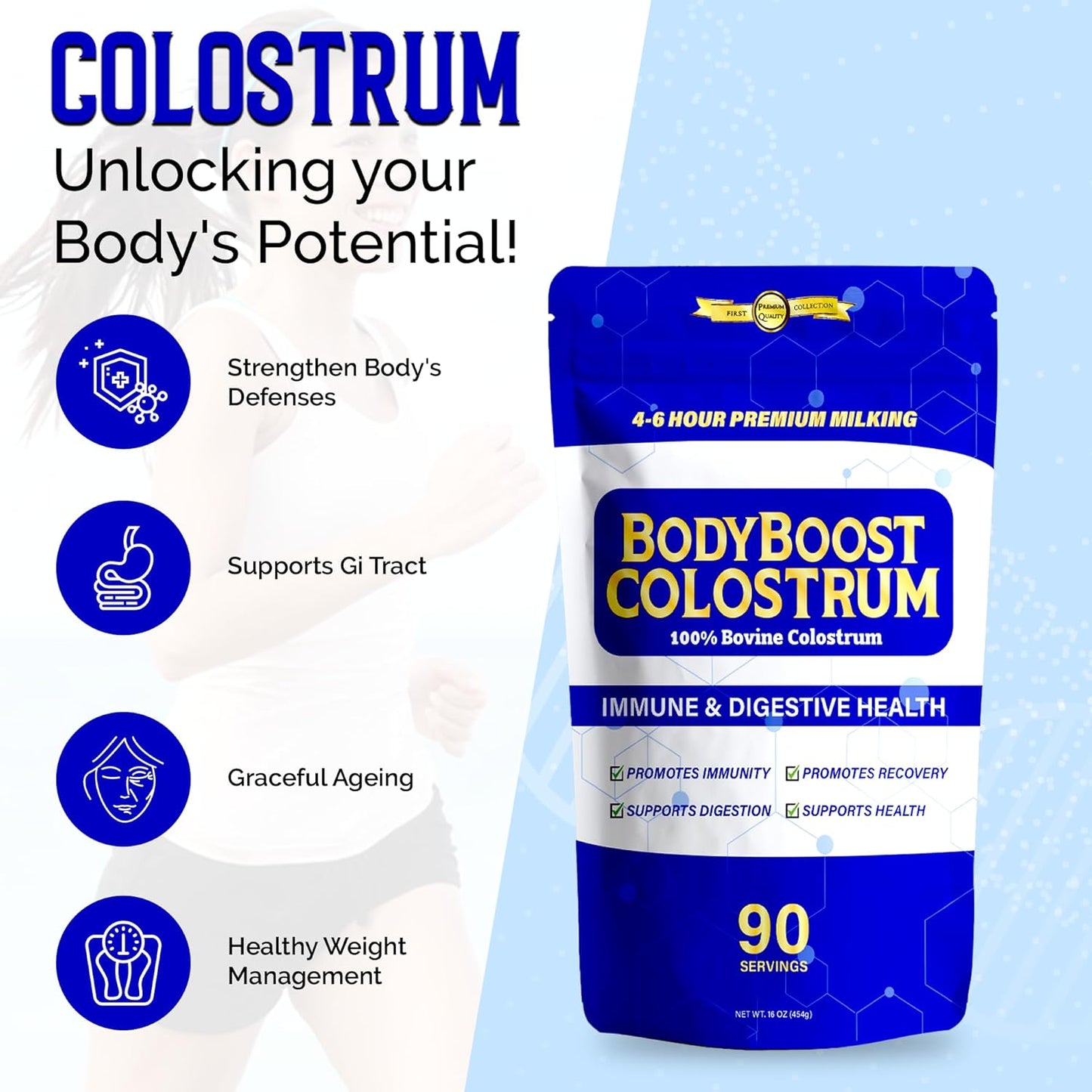 Premium BodyBoost Colostrum Powder - 100% Bovine Immune Booster Supplement with Immunoglobulin & Lactoferrin - Grass Fed, Gut Health Support - 16 oz