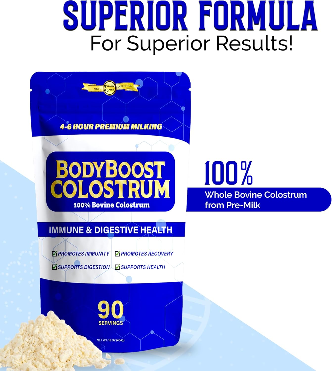 Premium BodyBoost Colostrum Powder - 100% Bovine Immune Booster Supplement with Immunoglobulin & Lactoferrin - Grass Fed, Gut Health Support - 16 oz