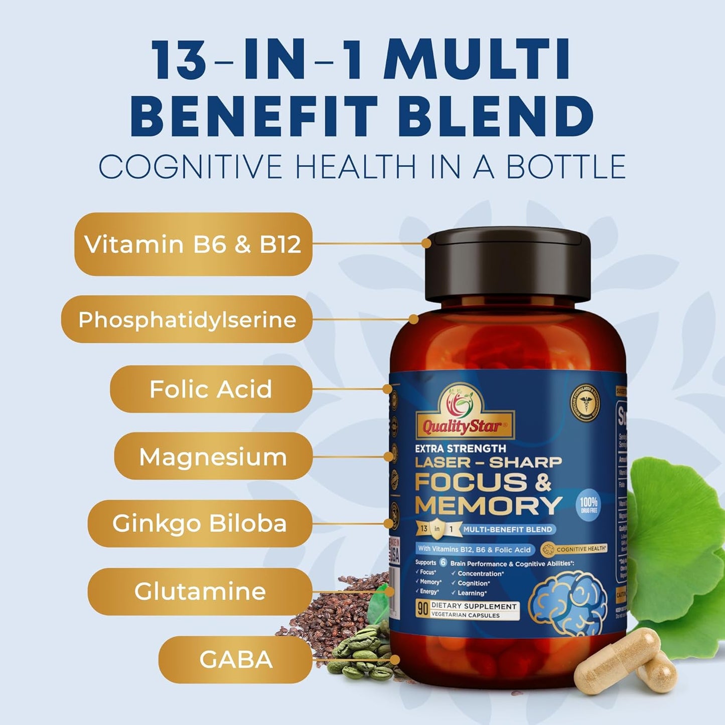 Premium Cognitive and Brain Health Supplement - 13-in-1 Memory Vitamins for Focus, Memory Support - 90 Veg Caps